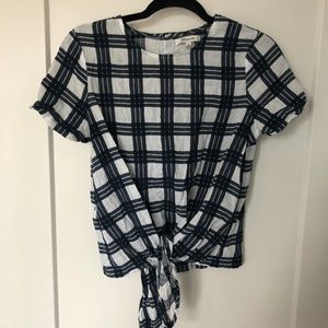 Madewell Navy White Plaid Front Tie T Shirt